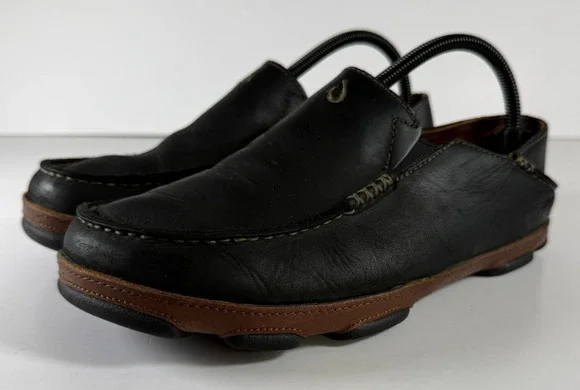 OluKai Moloa Men's 8 Black Toffee Leather Slip On Loafers 10128-4033