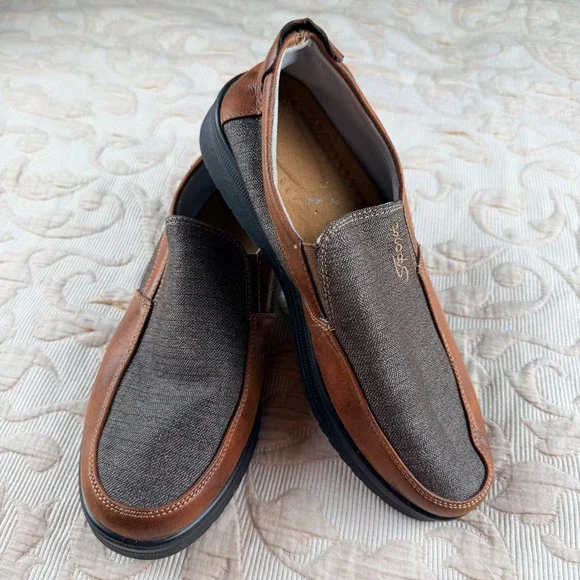 Sport Mens Slip On Loafers Casual Walking Shoes Brown Faux Leather Fabric Mix 9M