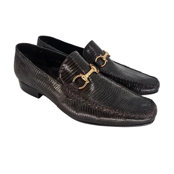 Belvedere Genuine Lizard Leather Loafers 8.5 Brown Gold‎ Horsebit Luxury Formal