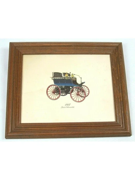1897 First Oldsmobile Antique Auto Lithograph Print 12x10 Wood Framed in Glass
