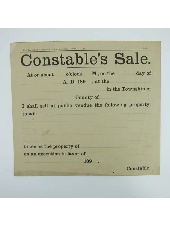 Antique 1890s Constable's Sale Record Form Blank E.L. Barrett & Son Ohio RARE