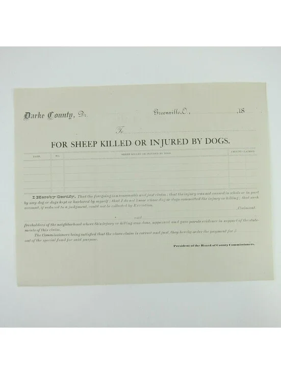 Antique 1800s Darke County Greenville Ohio Police Record Form Blank Sheep Claim