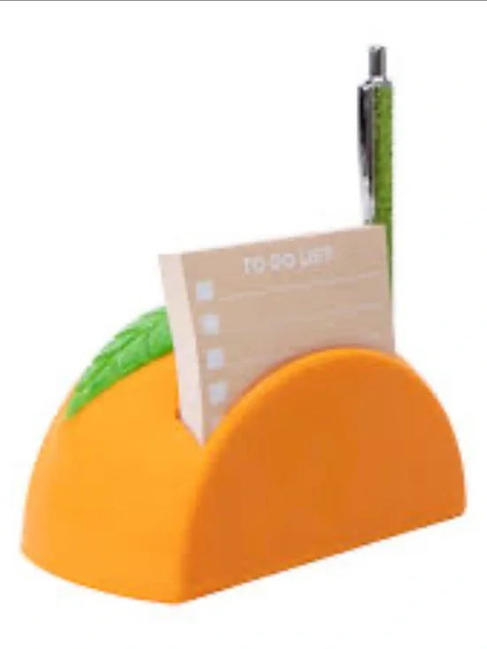 Note Station Orange Desk Memo Holder with Green Leaf Accent and Pen Slot
