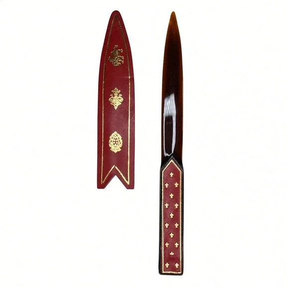 Vintage Italian Florentine Leather Letter Opener Gold Gilt Fleur De Lis Red Set