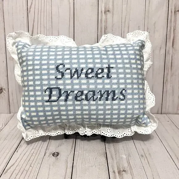 Magaschoni Sweet Dreams Needlepoint Pillow Blue White Ruffle Grandmillennial