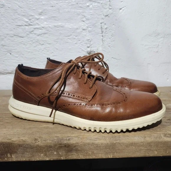 Cole Haan Mens Grand Plus Brown Leather Wingtip Oxford Shoes Brogue Size 11.5