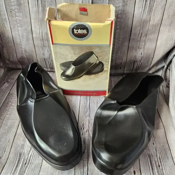 Totes Mens Rubber Loafer Rain Covers Overshoe Black Geometric Medium 8.5-9.5 NIB