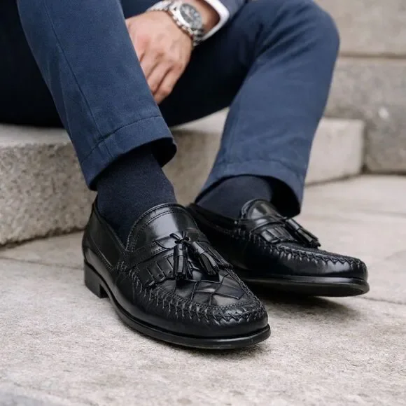 Giorgio Brutini Mens Size 9D Le‎ Glove Tassle Kiltie Black Woven Leather Loafers
