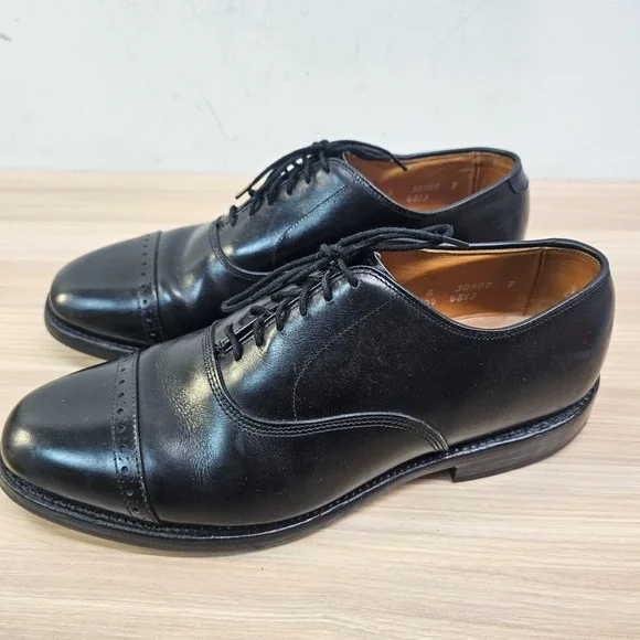 VINTAGE Allen Edmonds Oxford Shoes Men 7 E Black Leather Cap Toe Dress Derby USA