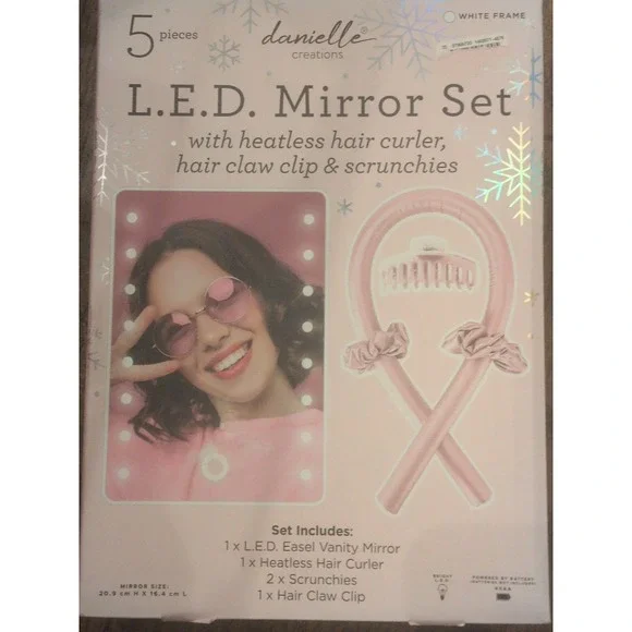 Danielle Creations LED Mirror Set Heatless Hair Curler Claw Clip Scrunchies Pink
