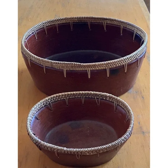 Oval Nesting Baskets Eartenware Brown Wood Rattan Trim Set of 2