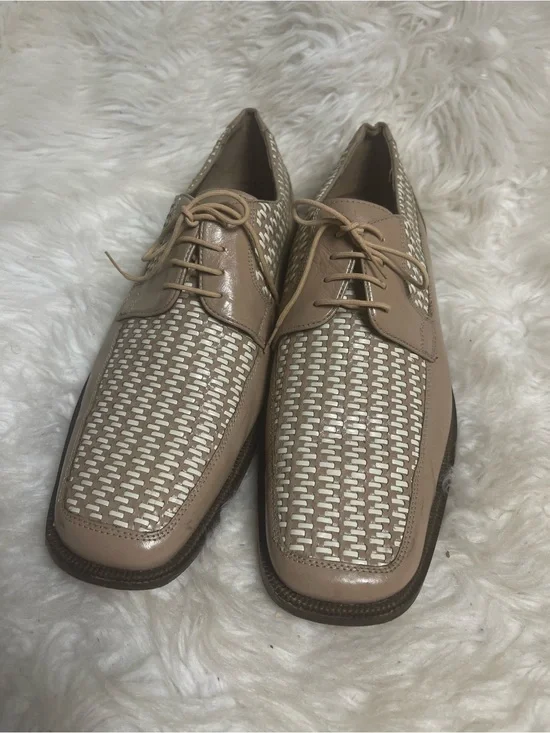 Stacy Adams Men Basketweave Tan& Cream leather lace up dress shoes SZ12M