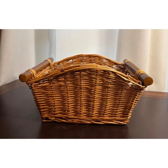 Vintage Willow Wicker Storage Basket Pole Handle Wood Dowel Rustic 11.5
