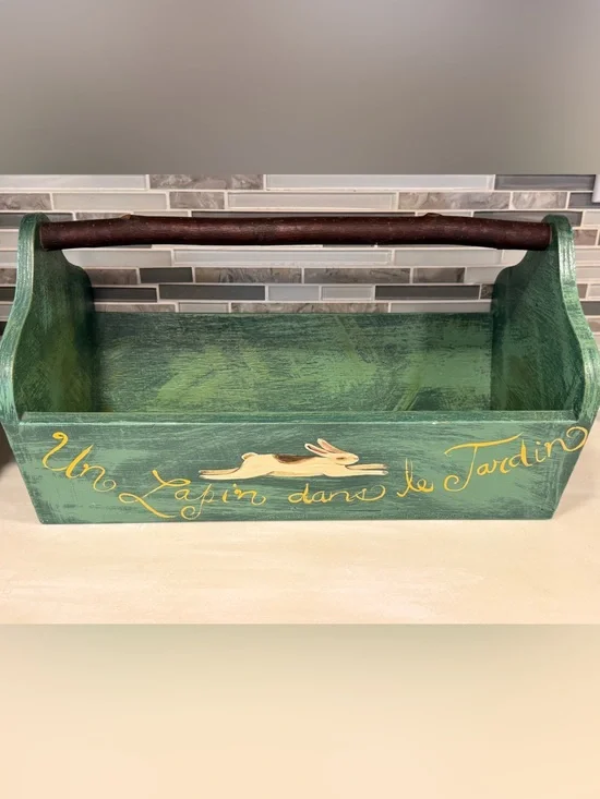 Vintage 1996 Hand-Painted Folk Art Wood Basket Caddy Rabbit Garden Signed