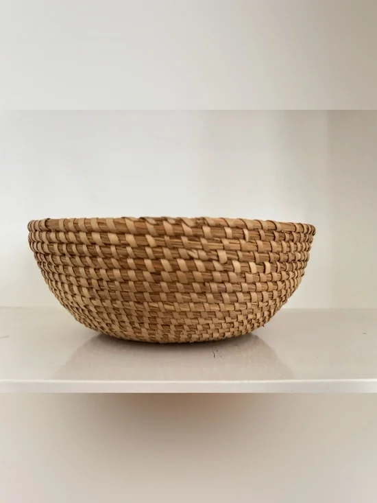 Vintage Handwoven Straw Basket Coiled Shallow Bowl Boho Decor