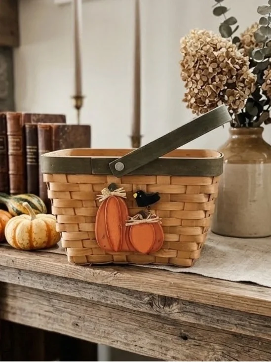 Autumn Pumpkin Accent Woven Basket with Green Handle