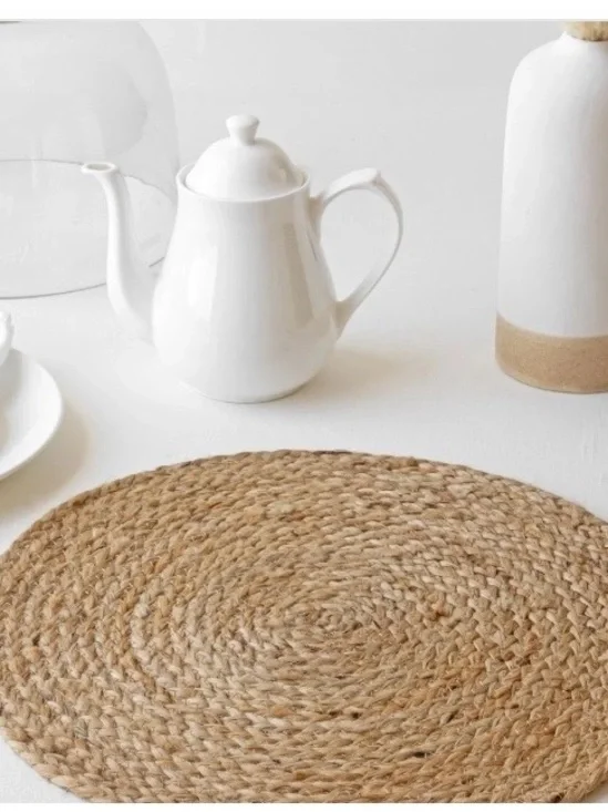 Natural Jute Placemats Seagrass Round Set 6 Neutral Tan Spiraled Braided Mats