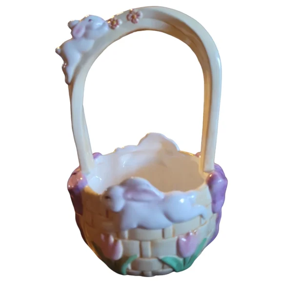 Easter Bunny Rabbit Tulips Floral Pastel Ceramic Handled Basket Bow