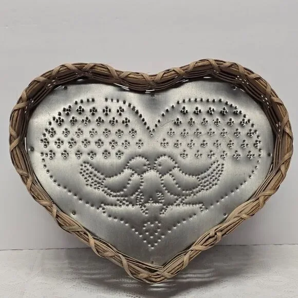 Vintage Wicker and Tin Heart Basket Punched Doves Love Birds Valentine's Day