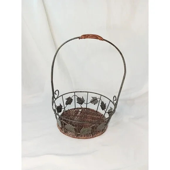 Vintage Metal Basket with Leaves - Broken Bottom