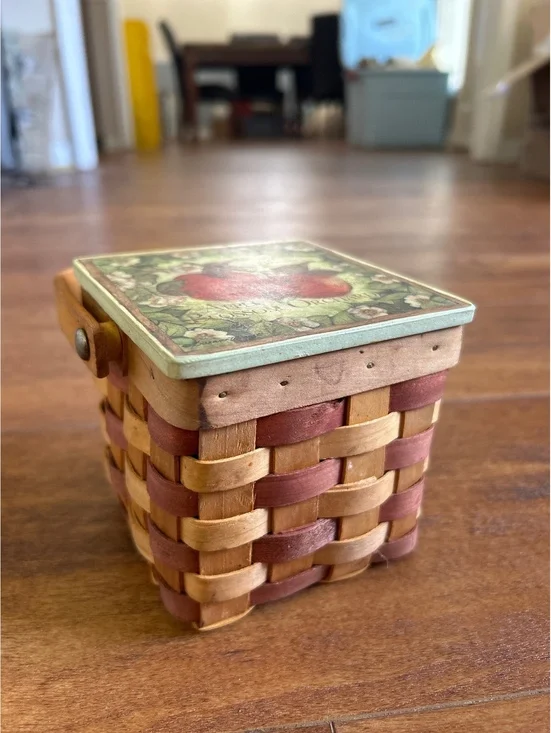 Apple Blossom Orchard Small Woven Basket with Lid and Handle