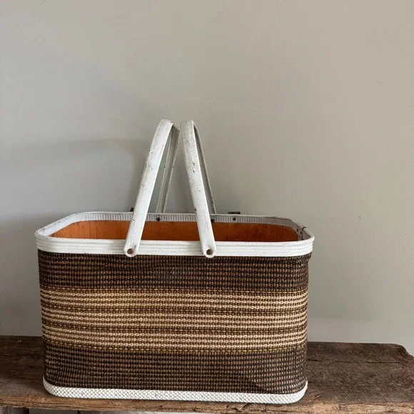 Vintage Redmon Peru Indiana‎ Woven Picnic Basket Brown White MCM Retro Americana
