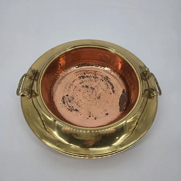 Antique Hand Hammered Copper Brazier with Brass Handles 17