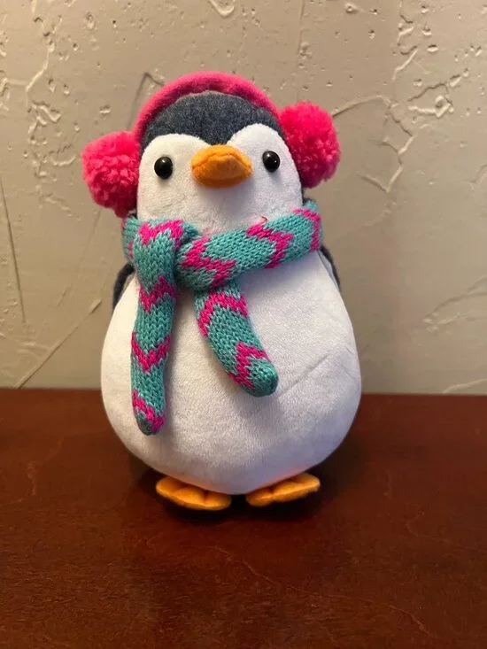 Winter Penguin Plush Figurine Pink Earmuffs Teal Scarf Christmas Holiday Decor