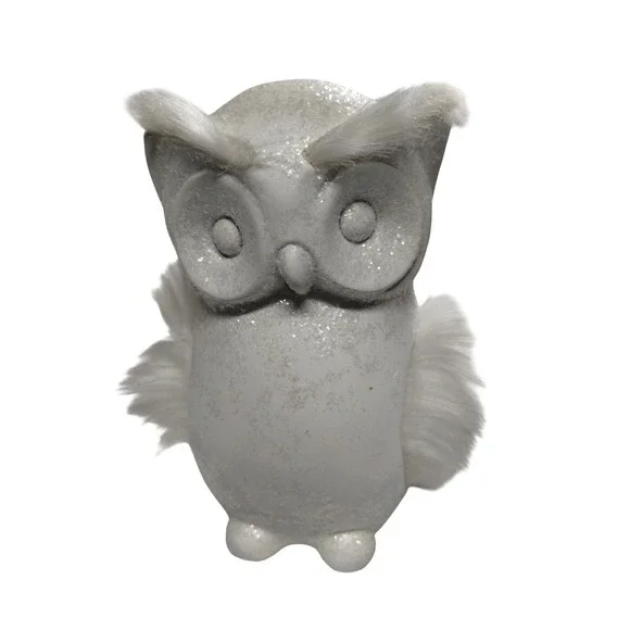 White Winter Owl Figurine with‎ Faux Fur Wings Farmhouse Woodland Decor