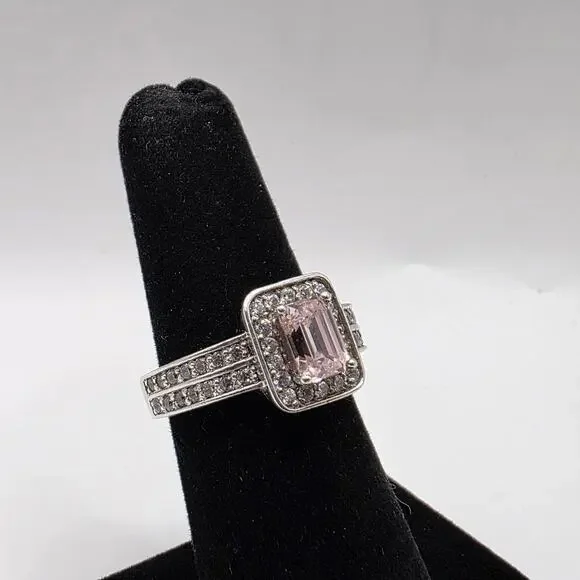 Sterling Silver 925 Pink Tourmaline & White Cubic Zirconia Ring Size 6