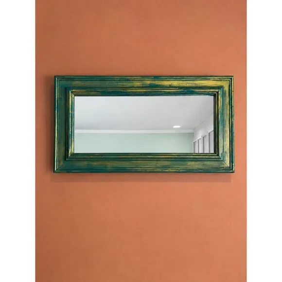 Distressed Teal Gold Wood Wall Mirror 19” Boho Eclectic Rectangular Accent Mirro