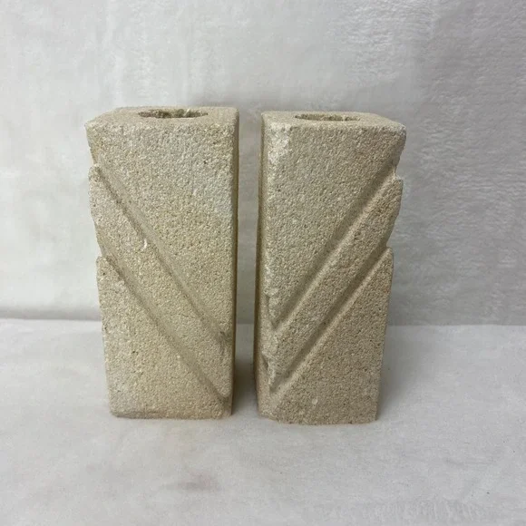 Set of 2 Off White Textured Stone Square‎ Candlestick Holders Art Deco