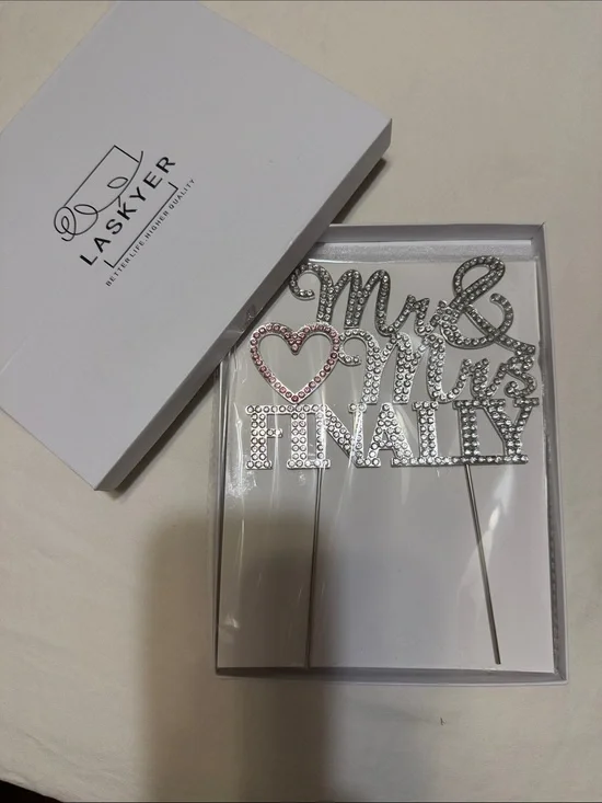 Silver 'Mr & Mrs Finally' Cake Topper with Pink Heart Accent