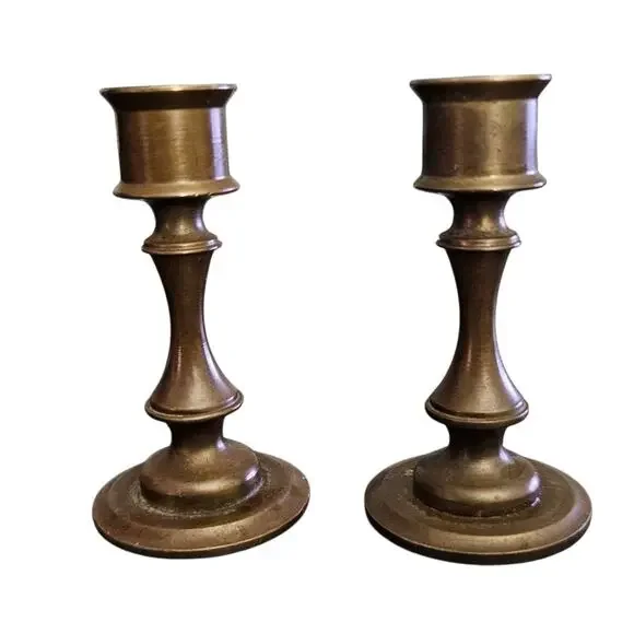 Vintage Denmark Brass Candlestick Holders Pair Mid Century Scandinavian