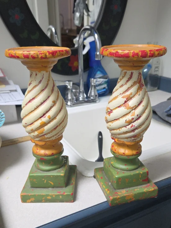 Hand-Painted Swirl Wood Candle Holders in Green and Cream