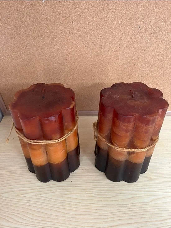 Pair of Unused Large Patchouli Scented Pillar Candles.