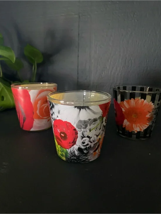 Floral Glass Votive Candle Holder - Red Floral Design