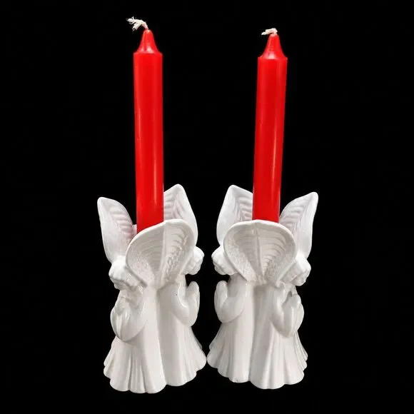 2 Vintage White Ceramic Angel Taper Candle Christmas Candlestick Holders 6