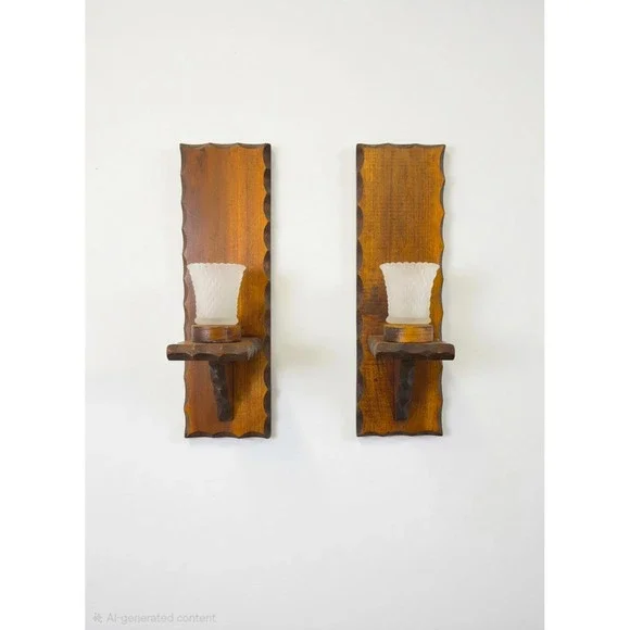 Vintage MCM Wood Wall Sconce Pair Scalloped Edge Frosted Diamond Votive Holders