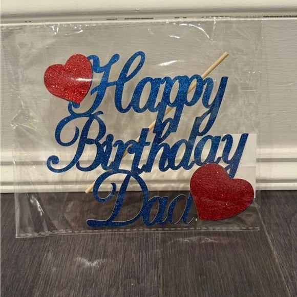 NWT Blue and Red Happy Birthday Dad Sparkly Heart Cake Topper