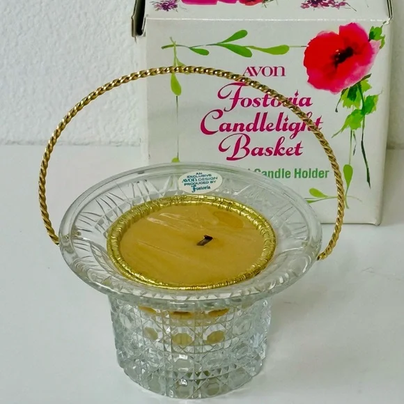 Rare Vintage 1970s AVON Fostoria Glass Candlelight Basket-Charisma Scent NOS