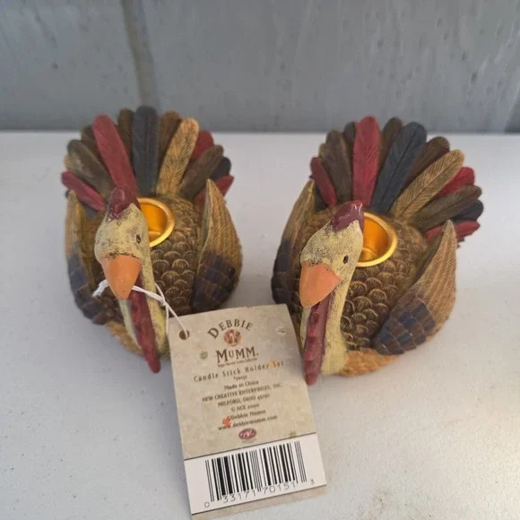 Set of 2 Debbie Mumm Turkey Candle Stick Holders Thanksgiving Fall Autumn Decor
