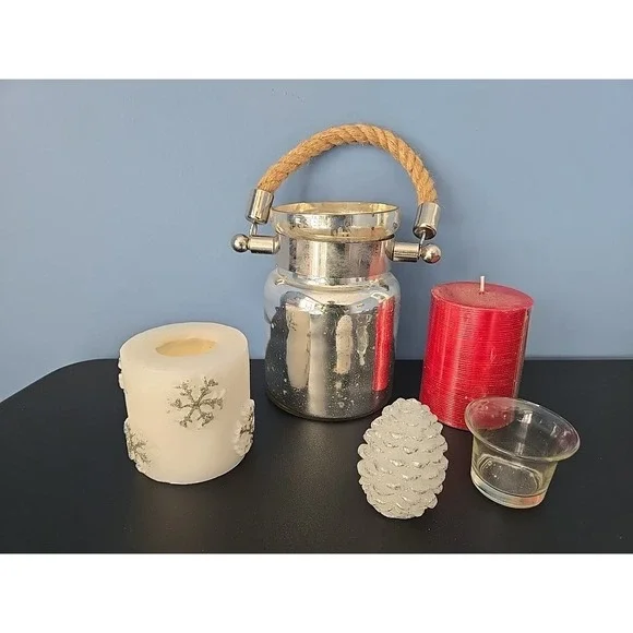 Lot Of Winter Glass Lantern w Rope Handle Votive Tealight 3 Candles Cone, Snow‎