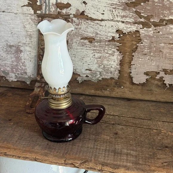 Vintage Ruby Red Glass Miniature Finger‎ Oil Lamp with White Milk Glass Chimney