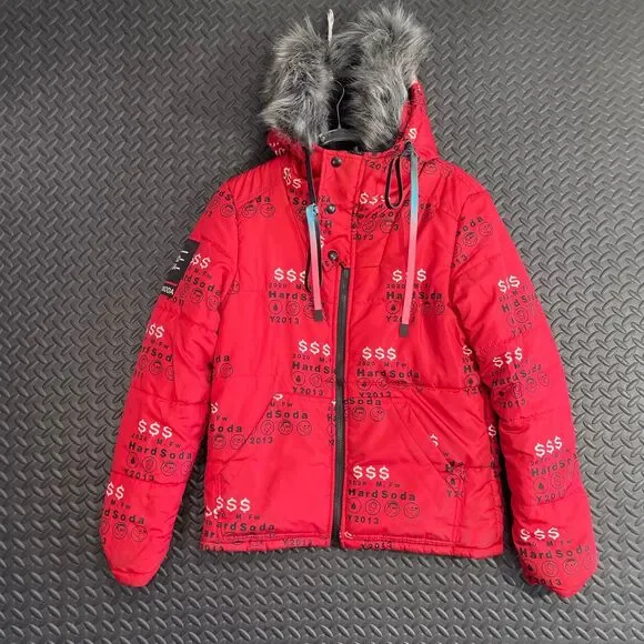 Y2K HardSoda Limited Red Puffer All Over Print Reversible Fur Hood Puffer Coat M