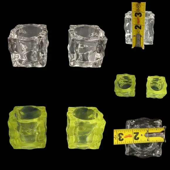 Set Of 2 Partylite GLACIER Square Ice Clear Glass Tealight Candle Holder UV Glow