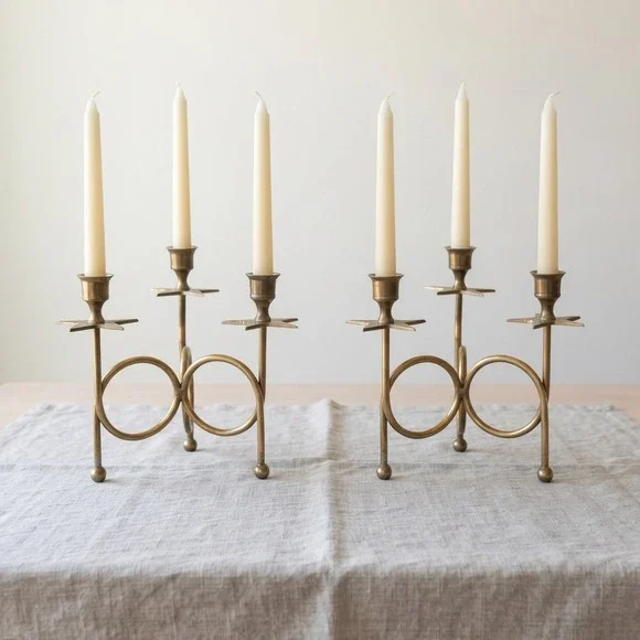 Vintage Brass Star Candelabra Pair Celestial 3-Light Taper Candle Holders Set 2
