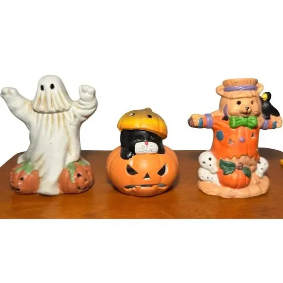 Vintage Halloween Ceramic Tea Light Holder Lot 3 Ghost Black Cat Scarecrow Bear