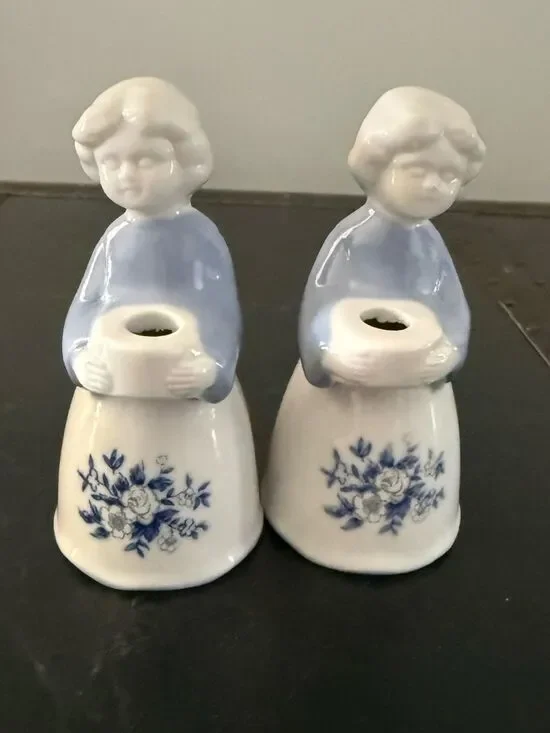 2 Vintage Porcelain Taper Candle Holders Young Girl Figurines Blue & White Dress