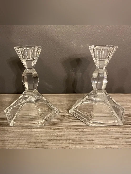 Vintage Clear Glass Candle Stick Holders w/ Flared Octagonal Base (2)